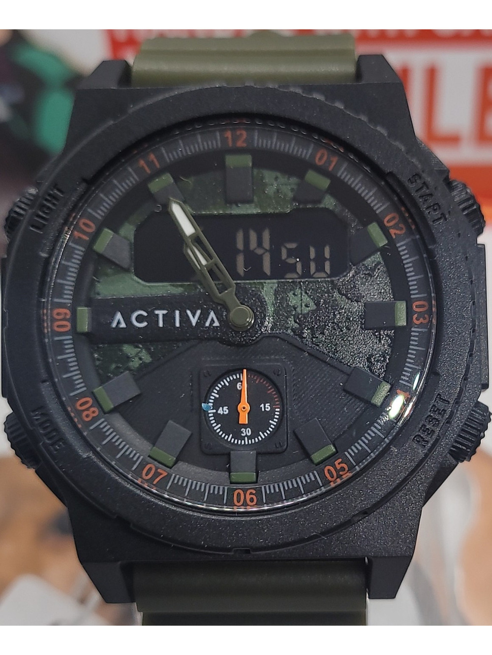 318 Activa sport wristwatch analog digital Army green rubber strap black dial